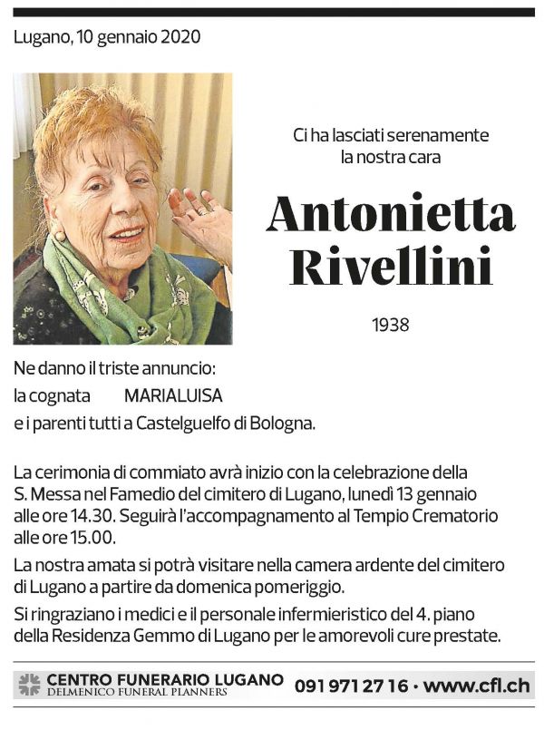 Annuncio funebre Antonietta Rivellini