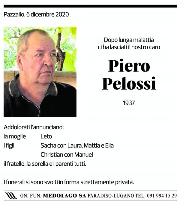Annuncio funebre Piero Pelossi