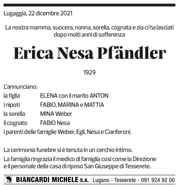 Annuncio funebre Erica Nesa Pfändler