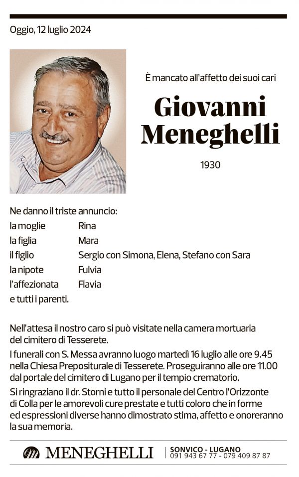 Annuncio funebre Giovanni Meneghelli