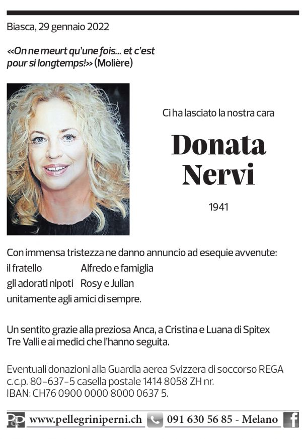 Annuncio funebre Donata Nervi