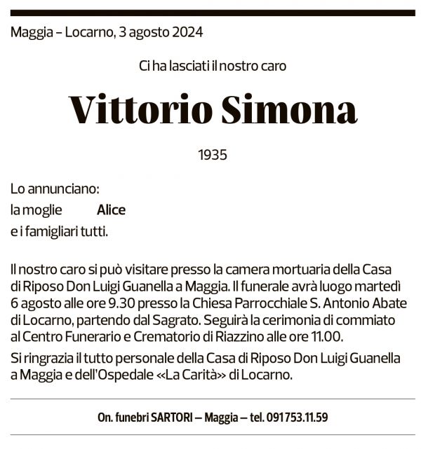 Annuncio funebre Vittorio Simona