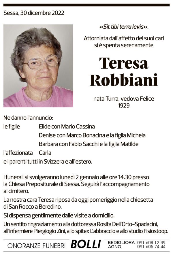 Annuncio funebre Teresa Robbiani