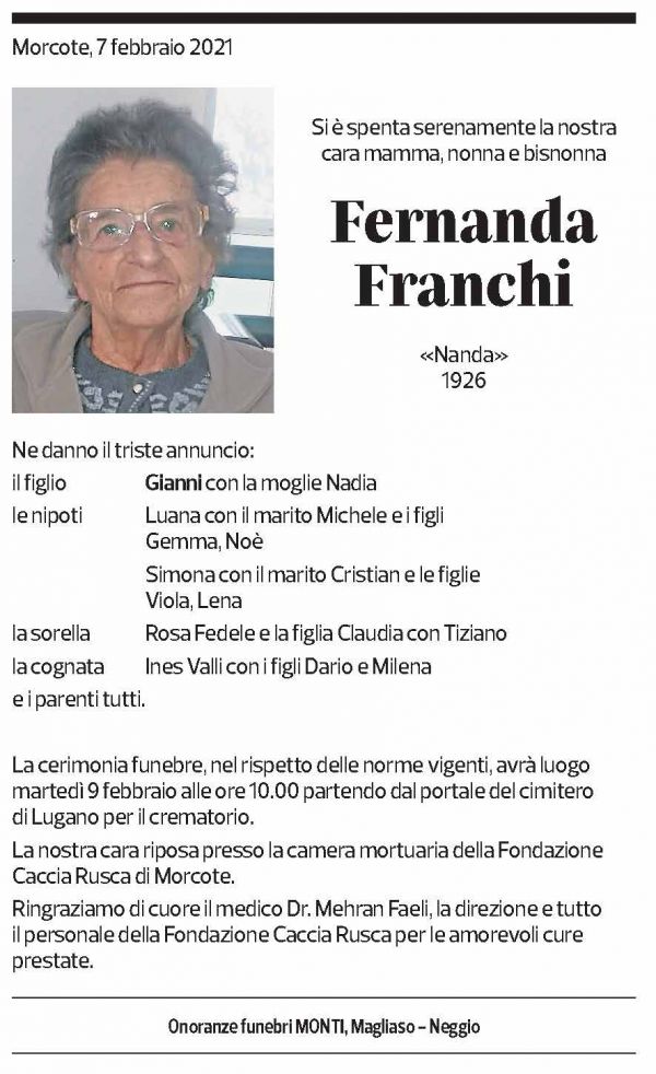 Annuncio funebre Fernanda Franchi