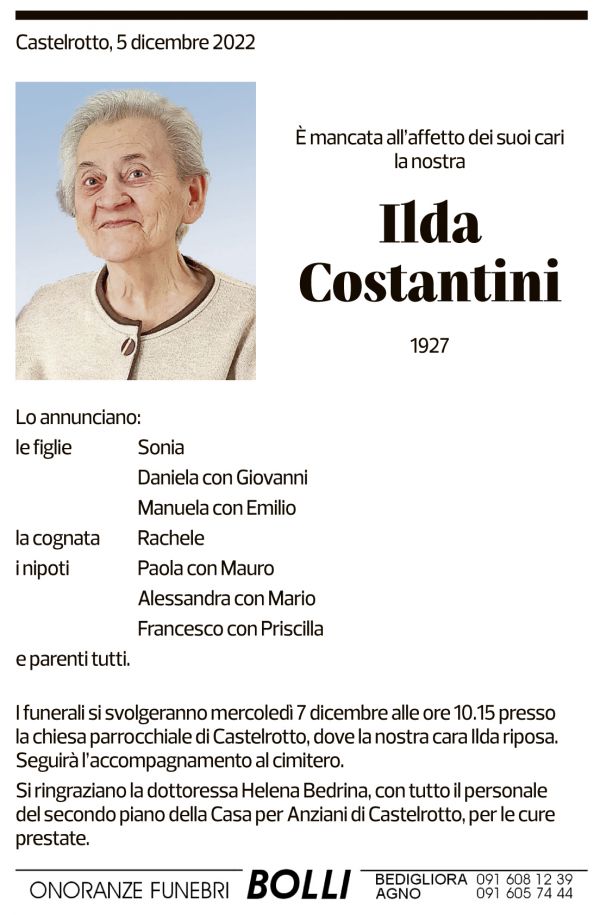 Annuncio funebre Ilda Costantini