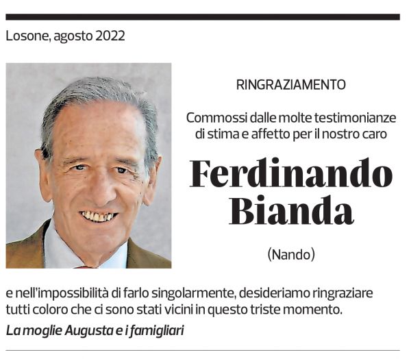 Annuncio funebre Ferdinando Bianda