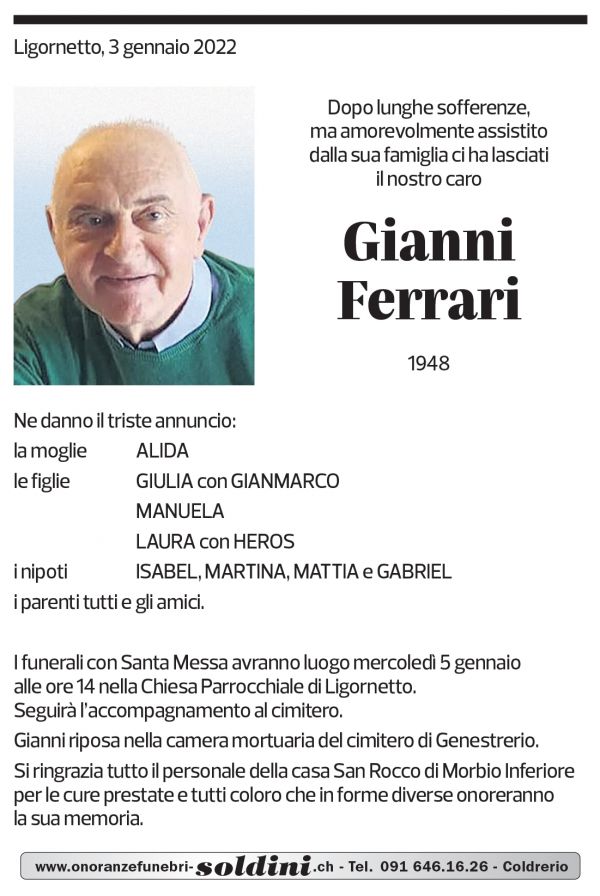 Annuncio funebre Gianni Ferrari