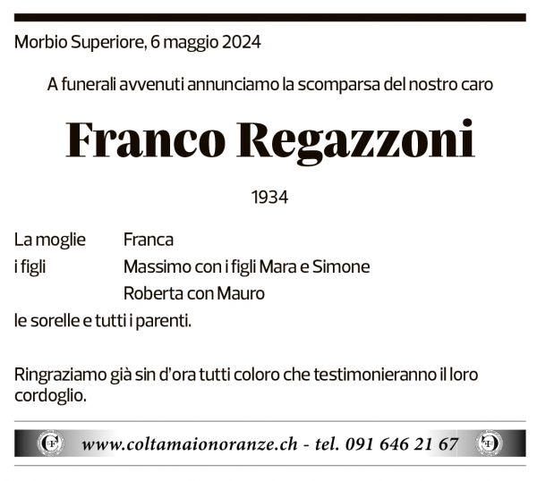 Annuncio funebre Franco Regazzoni