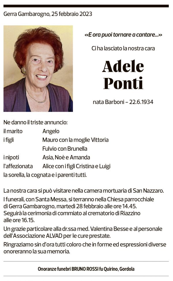 Annuncio funebre Adele Ponti