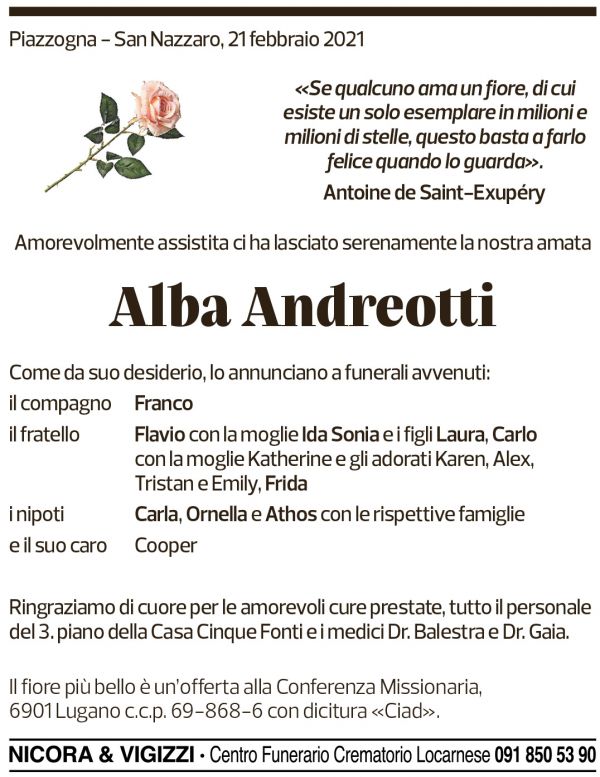 Annuncio funebre Alba Andreotti