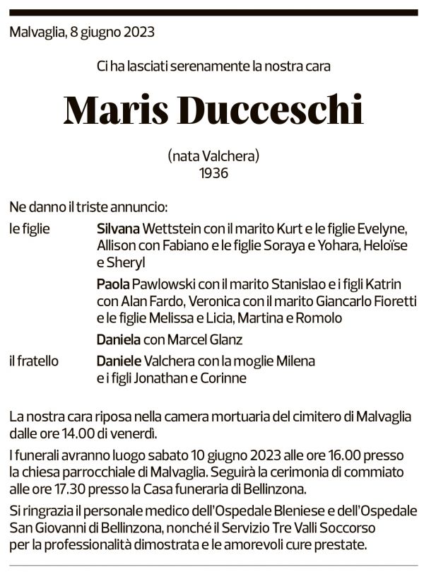 Annuncio funebre Maris Ducceschi