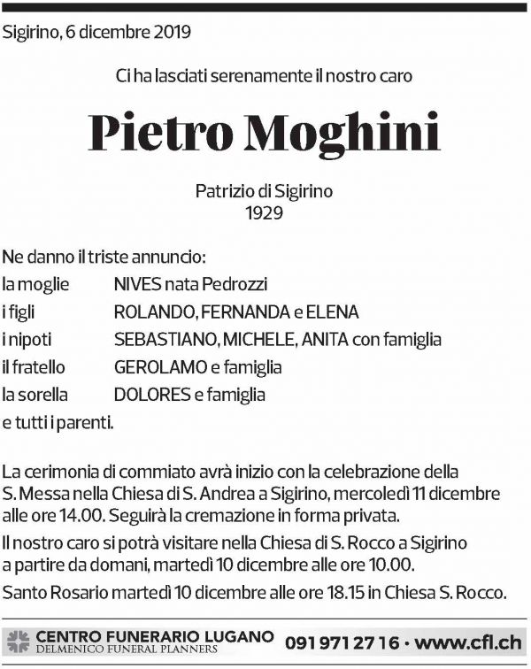 Annuncio funebre Pietro Moghini