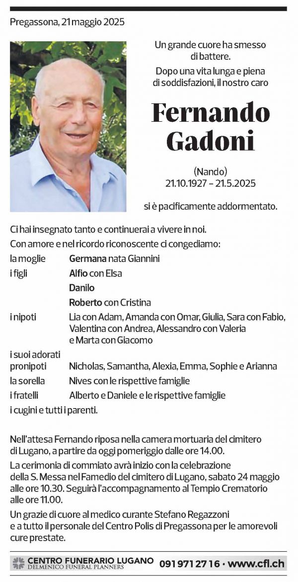 Annuncio funebre Fernando Gadoni