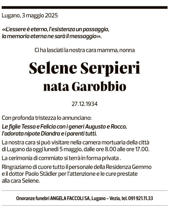 Annuncio funebre Selene Serpieri