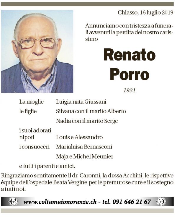 Annuncio funebre Renato Porro