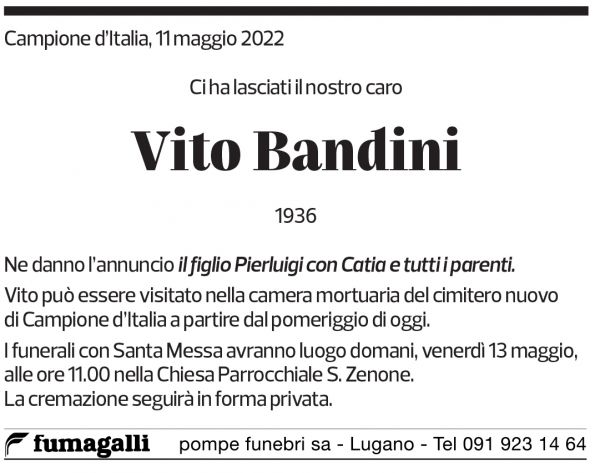 Annuncio funebre Vito Bandini