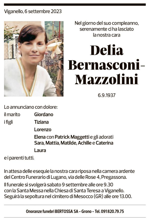 Annuncio funebre Delia Bernasconi-mazzolini