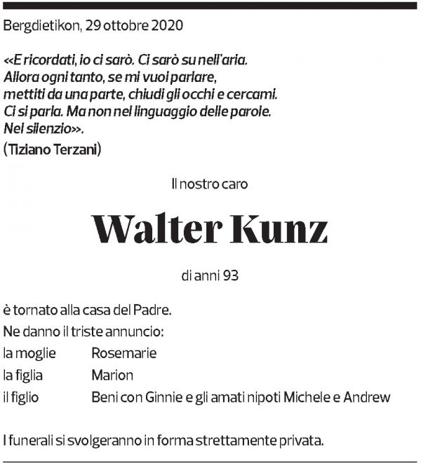 Annuncio funebre Walter Kunz
