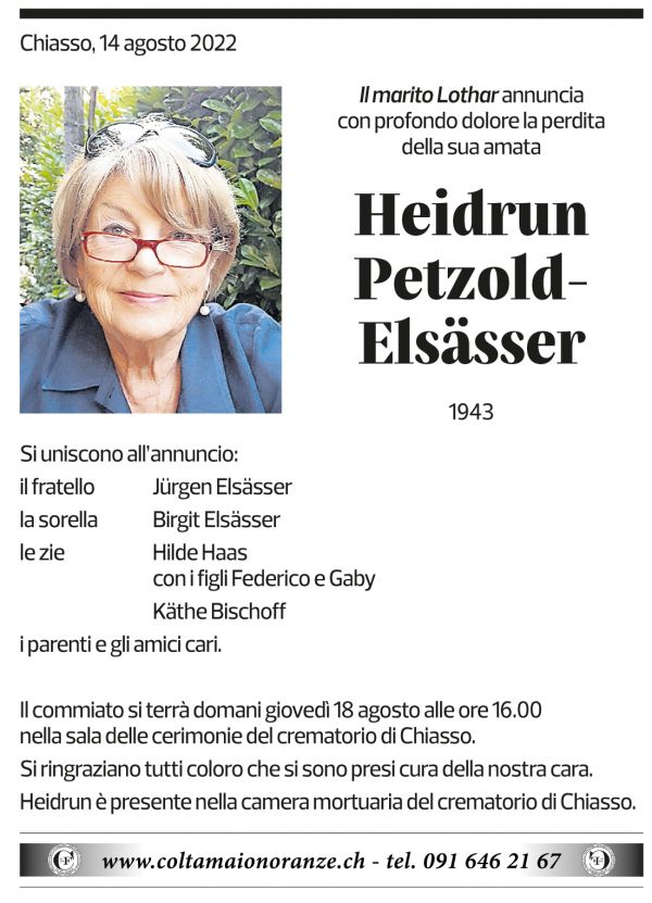 Annuncio funebre Heidrun Petzold-elsässer