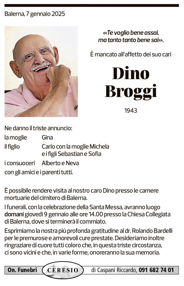 Annuncio funebre Dino Broggi