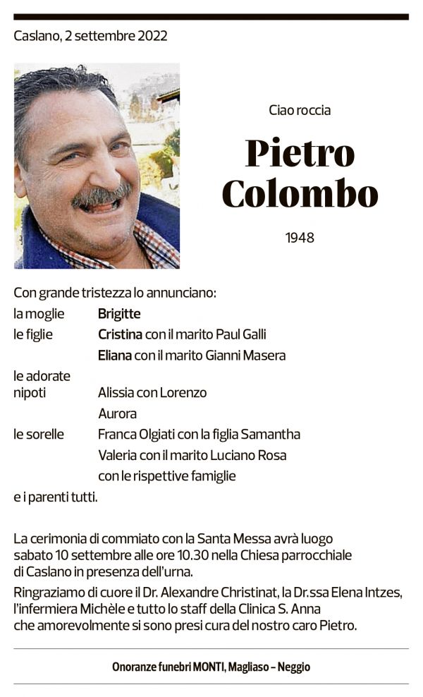 Annuncio funebre Pietro Colombo