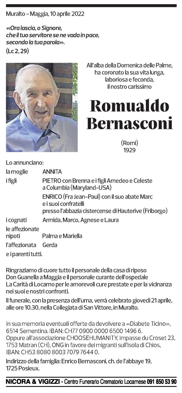 Annuncio funebre Romualdo Bernasconi