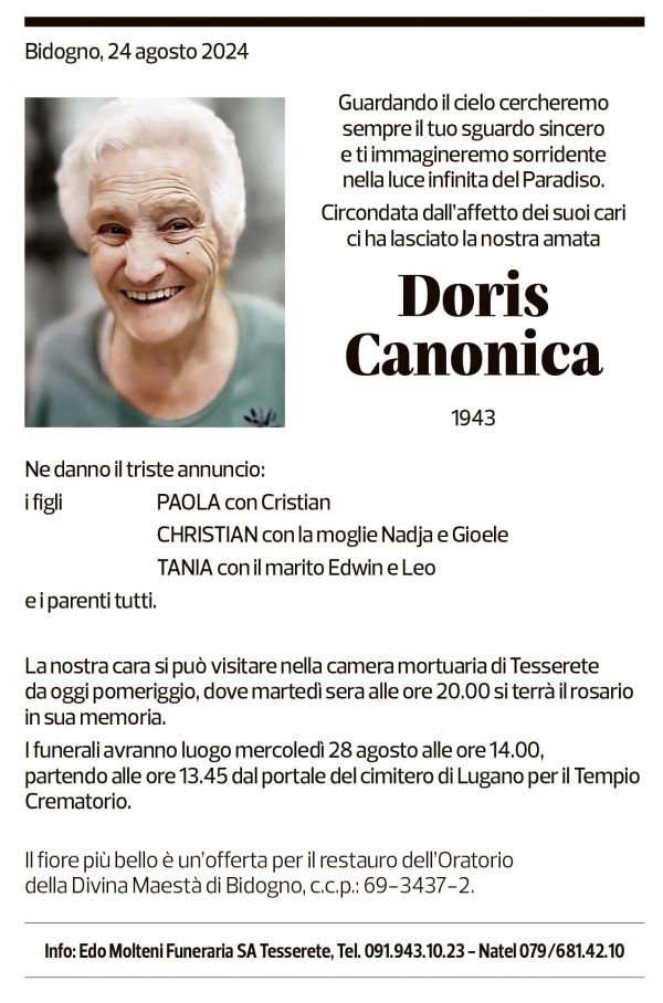 Annuncio funebre Doris Canonica