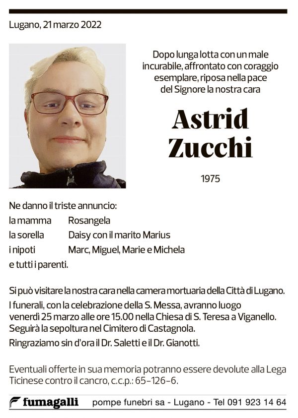 Annuncio funebre Astrid Zucchi