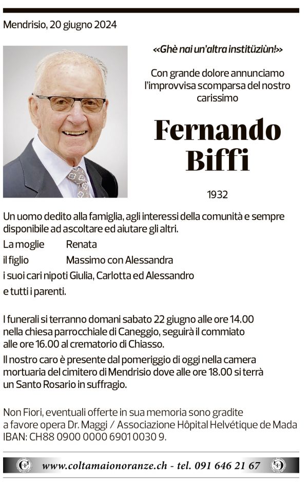 Annuncio funebre Fernando Biffi