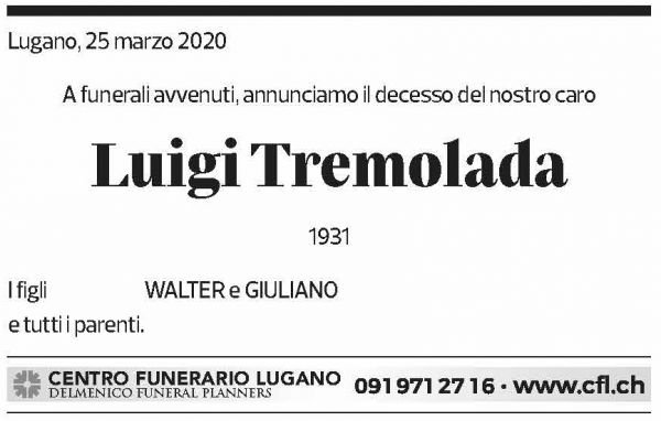 Annuncio funebre Luigi Tremolada