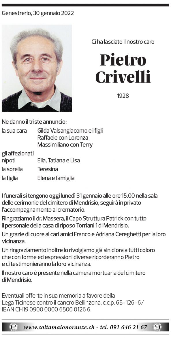 Annuncio funebre Pietro Crivelli