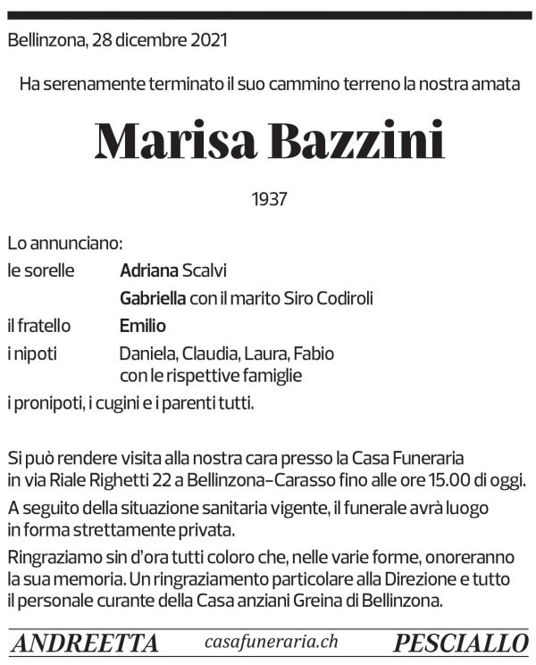 Annuncio funebre Marisa Bazzini