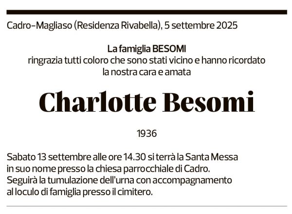 Annuncio funebre Charlotte Besomi