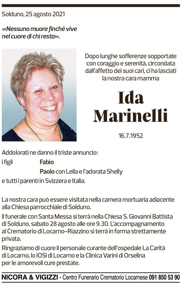 Annuncio funebre Ida Marinelli