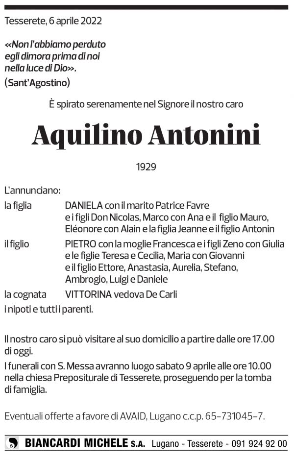 Annuncio funebre Aquilino Antonini