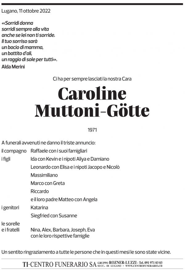 Annuncio funebre Caroline Muttoni-götte