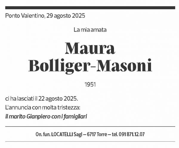 Annuncio funebre Maura Bolliger-masoni