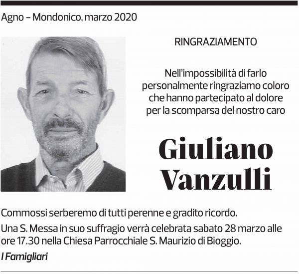 Annuncio funebre Giuliano Vanzulli