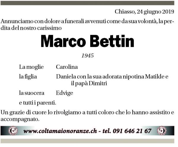 Annuncio funebre Marco Bettin