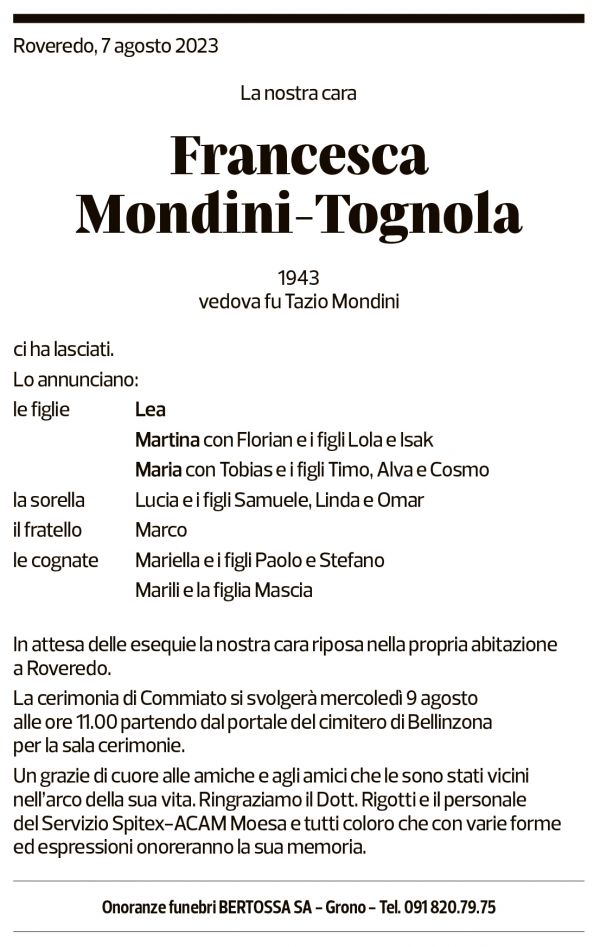 Annuncio funebre Francesca Mondini-tognola