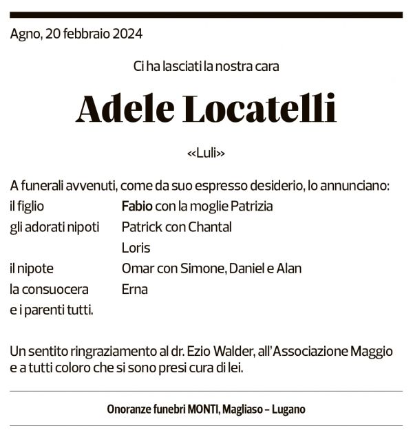 Annuncio funebre Adele Locatelli