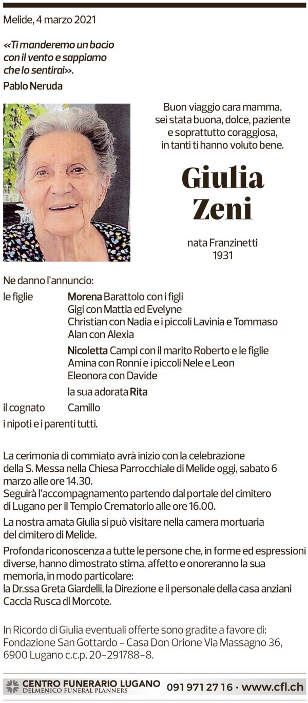 Annuncio funebre Giulia Zeni