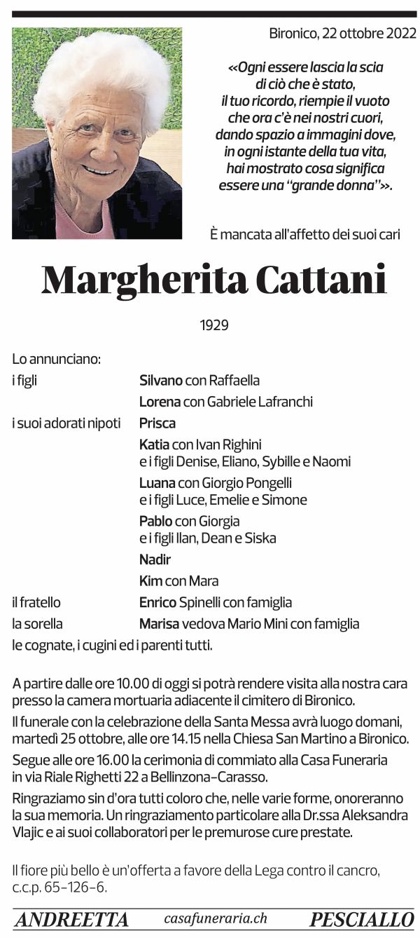 Annuncio funebre Margherita Cattani