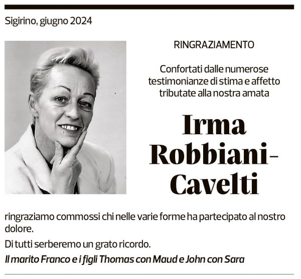 Annuncio funebre Irma Robbiani-cavelti