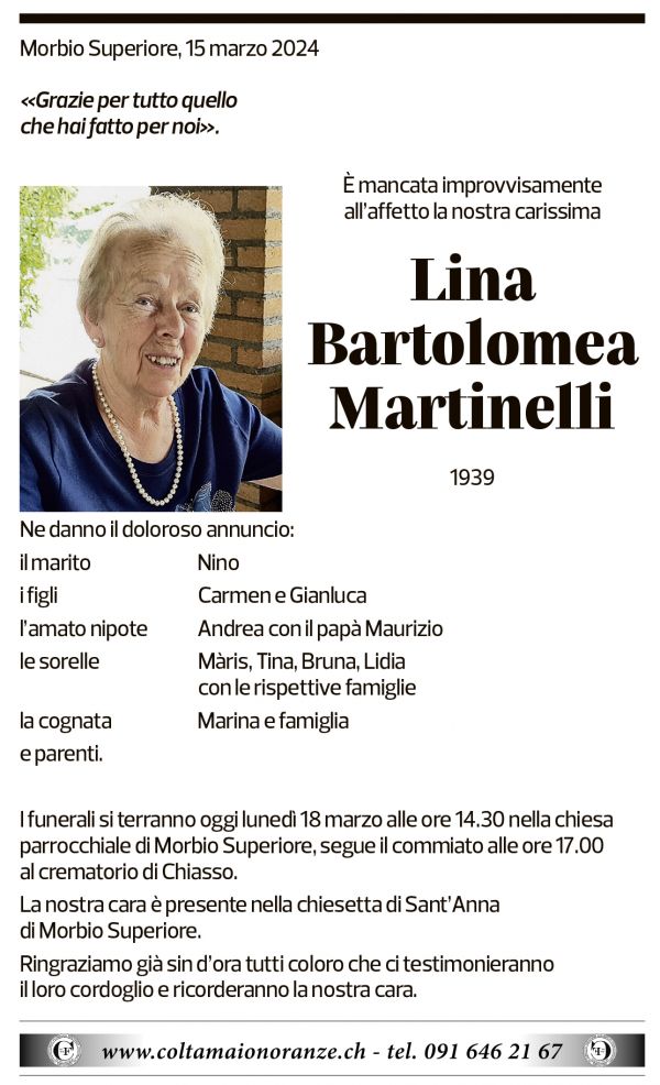 Annuncio funebre Lina Bartolomea Martinelli