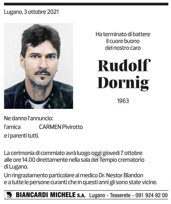 Annuncio funebre Rudolf Dornig