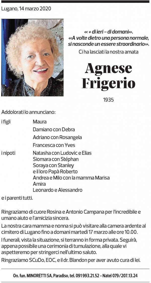 Annuncio funebre Agnese Frigerio