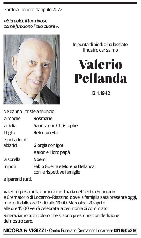 Annuncio funebre Valerio Pellanda