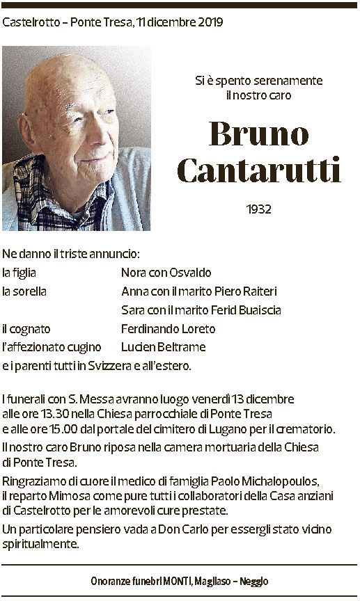 Annuncio funebre Bruno Cantarutti