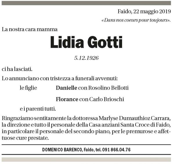 Annuncio funebre Lidia Gotti